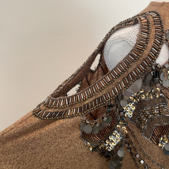 Miss Me Brown Open Shoulder Beaded Sequined Top. Medium - Picture 3 of 10